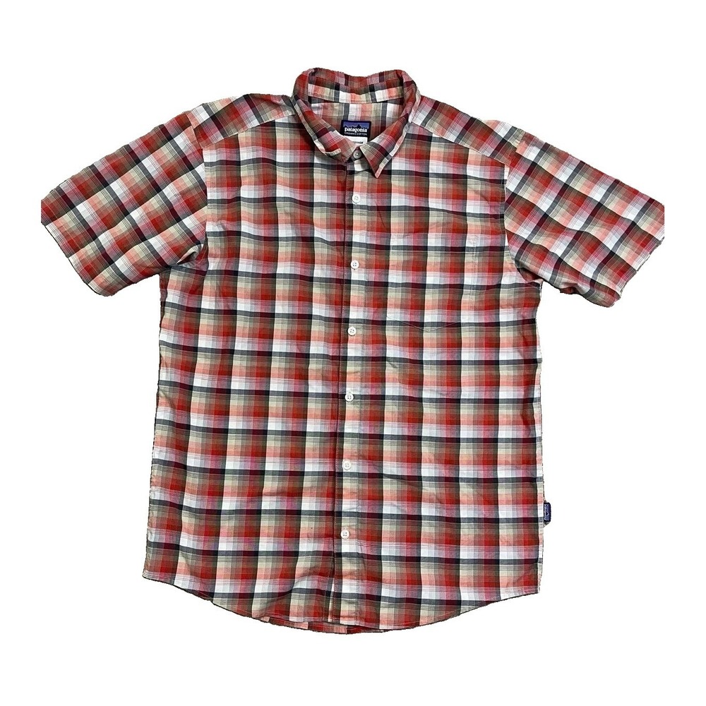 Patagonia Organic Cotton‎ Plaid Shirt Men's Medium Red Orange Gray Short Sleeve